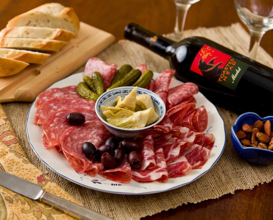 Charcuterie, bread and wine