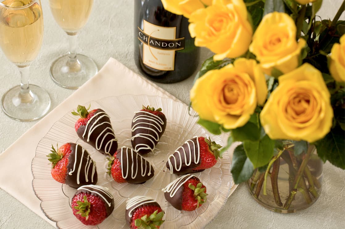 chocolate strawberries and Champagne