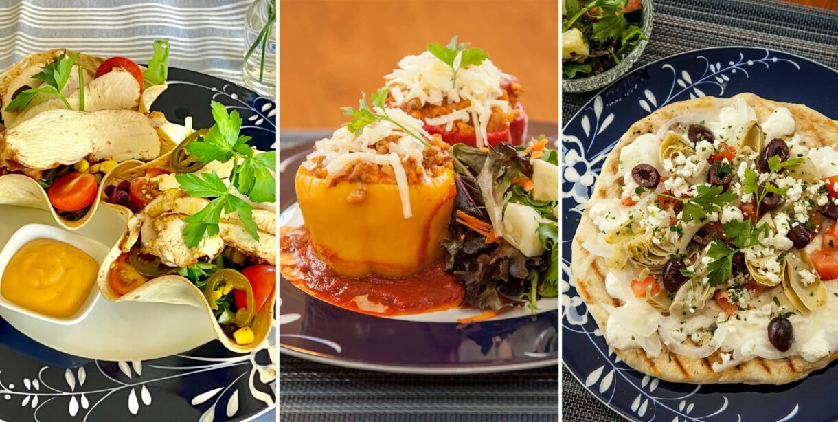Summer Dinner with Chicken Taco Salad, Stuffed Peppers, or Mediterranean Pizza